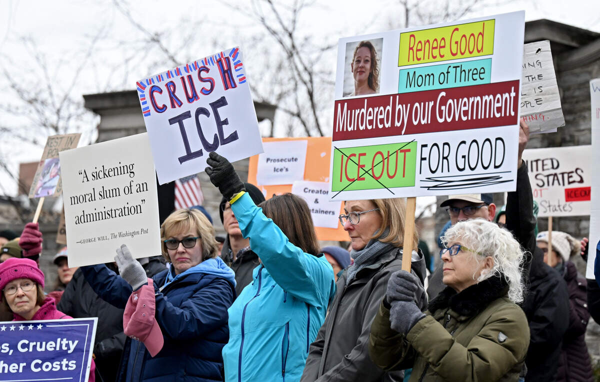 Community members gathered at the Allen Street Gates to protest ICE on Saturday, Jan. 10, 2026. Protests were held around the country after the killing of Renee Nicole Good.