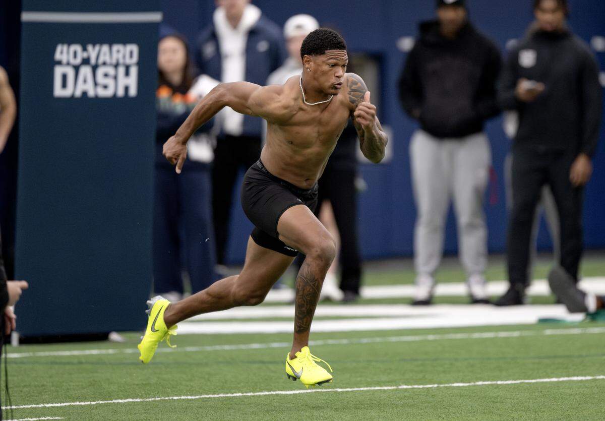 Safety Zakee Wheatley runs the 40-yard dash during Penn State Pro Day on Wednesday, March 18, 2026. His 40 was 4.62. 