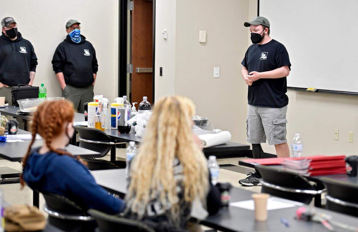 RJ Shirey shares the story of his hunting accident that resulted in his right leg being amputated from above the knee during a Techline training class on March 28 at the US Army Reserve Center in Pleasant Gap.