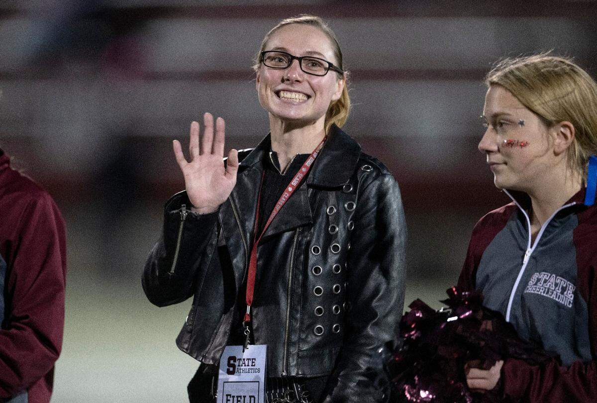 Sergeant Victoria Ann Cebulla is honored during the State College football game on Friday, Sept. 23, 2022 at Memorial Field.