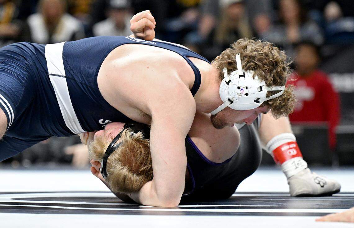Penn State's Cole Mirasola pins Northwestern’s Gabe Christenson in 25 seconds in a 285-pound first round bout of the Big Ten wrestling championships on Saturday, March 7, 2026 at the Bryce Jordan Center.