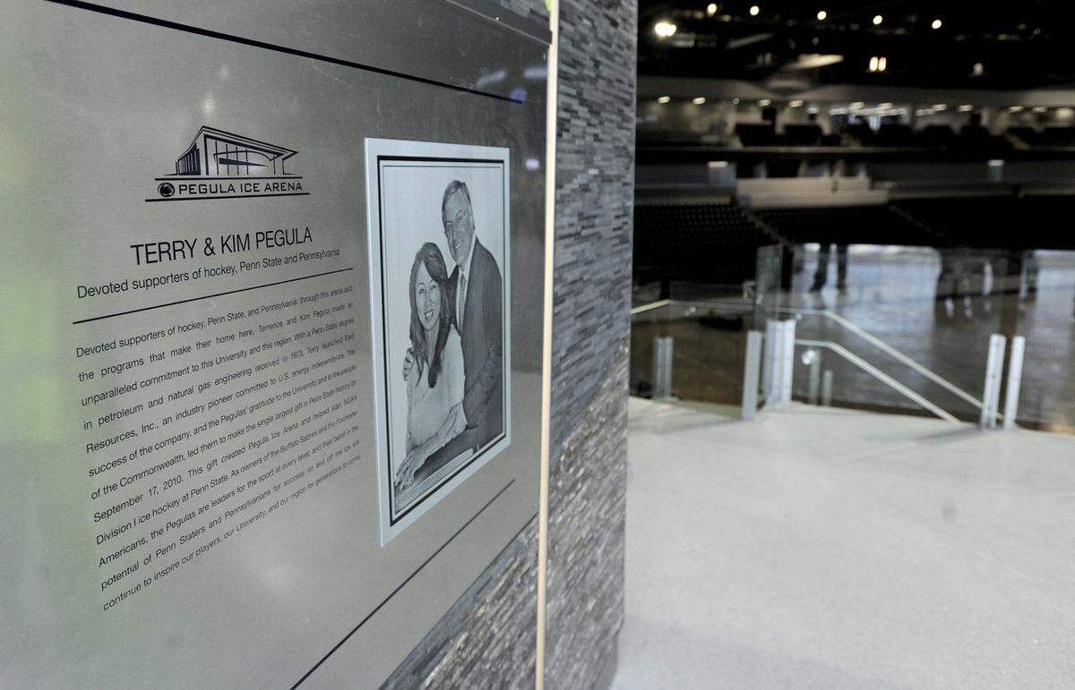A wall about Terry and Kim Pegula, who donated the money to build Pegula Ice Arena and help move Penn State hockey to Division 1.