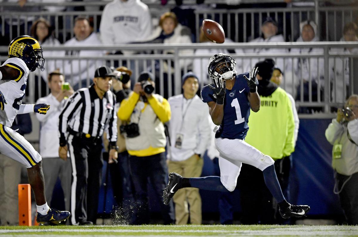 Penn State wide receiver KJ Hamler makes a catch in the end zone for a touchdown during the game agains Michigan on Saturday, Oct. 19, 2019.