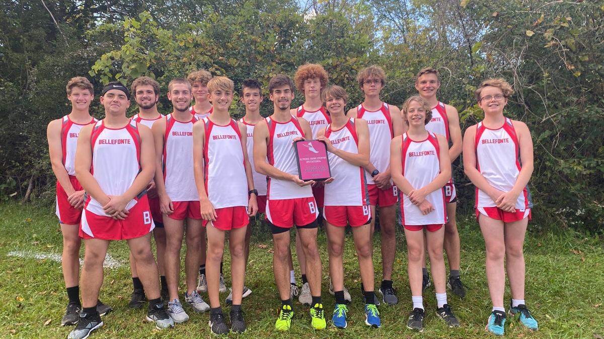 Bellefonte boys cross country posed on Tuesday with the plaque they earned from earning first place in Class 2A and fifth overall out of 31 schools at Altoona’s Mountain Lion Invitational on Sept. 18. 