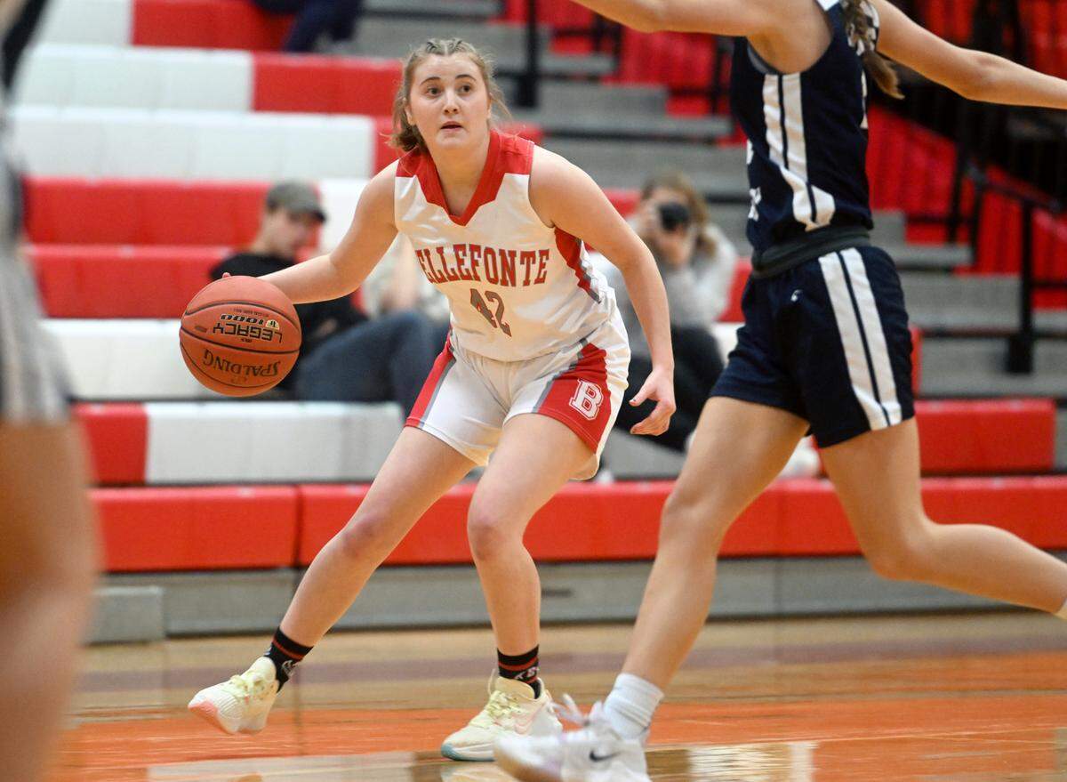 Bellefonte’s Madison Ripka dribbles down the court with the ball around Penns Valley defenders during the game on Monday, Jan. 23, 2023.