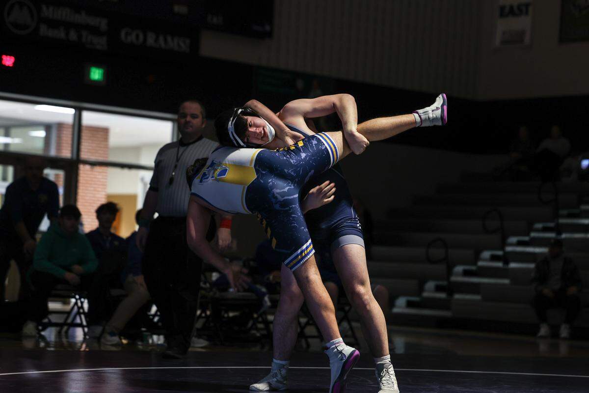 Penns Valley’s Shane Rimmey looks to finsh off a takedown of Glendale’s Lawson Richards in their 189-pound match of the Rams’ 58-18 win in the District 6 Class 2A Quarterfinals of the dual playoffs on Tuesday, Jan. 27, 2026. Rimmey pinned Richards in 5:57.