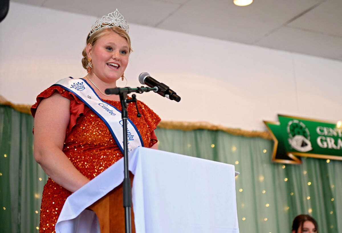2023 Centre County Grange Fair Queen Teagan Bair gives her farewell speech and thanks her family and friends for all their support during the 2024 queen coronation on Wednesday, Aug. 14, 2024.