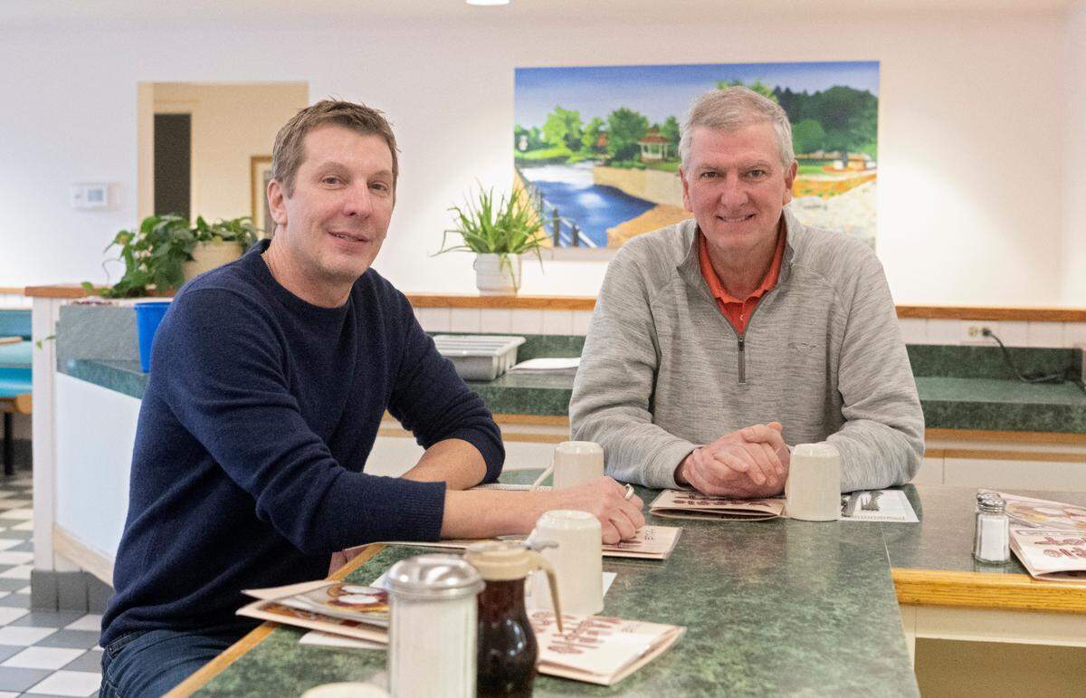 New owner of The Waffle Shop Duane Reese with former owner Greg Kight at the Bellefonte location on Friday, March 10, 2023.