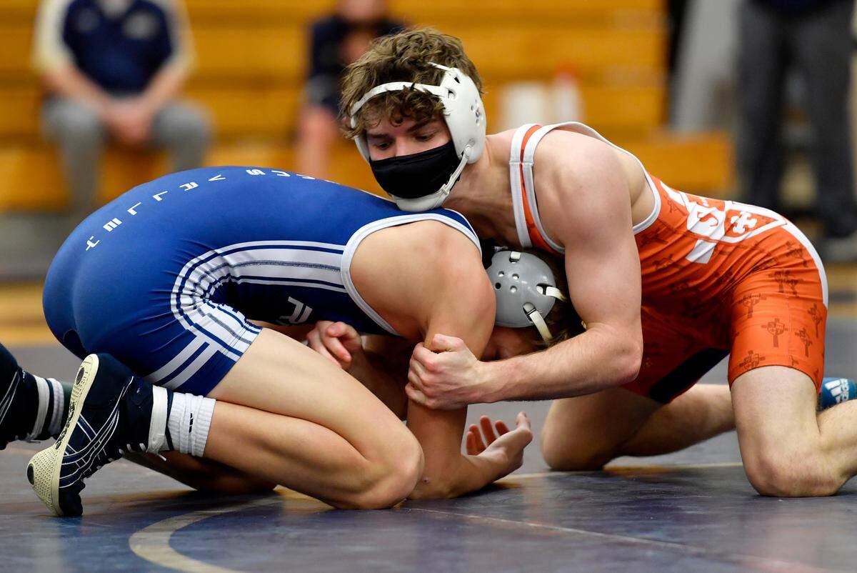 Saint JosephÕs Zack Witmer controls Penns ValleyÕs Ty Watson in a 132 lb bout during the District 6 AA section 2 tournament on Wednesday, Feb. 17, 2021.