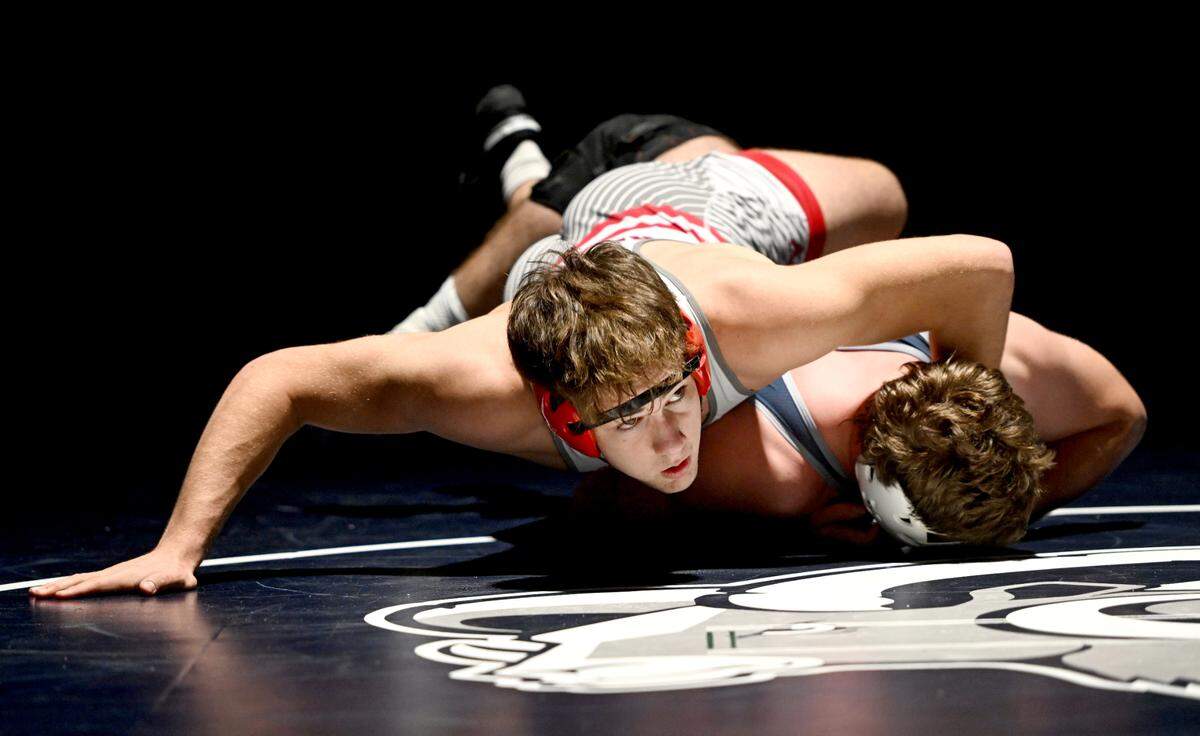 Bellefonte’s Luke Hockenberry controls Penns Valley’s Ty Steiger in the 215 lb bout of the wrestling match on Thursday, Jan. 16, 2025. Hockenberry won by fall at 4:30.