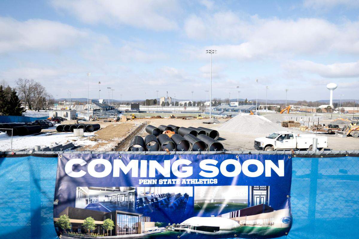 Crews work next to Jeffrey Field for the new soccer complex and indoor practice bubble on Wednesday, Jan. 15, 2025.
