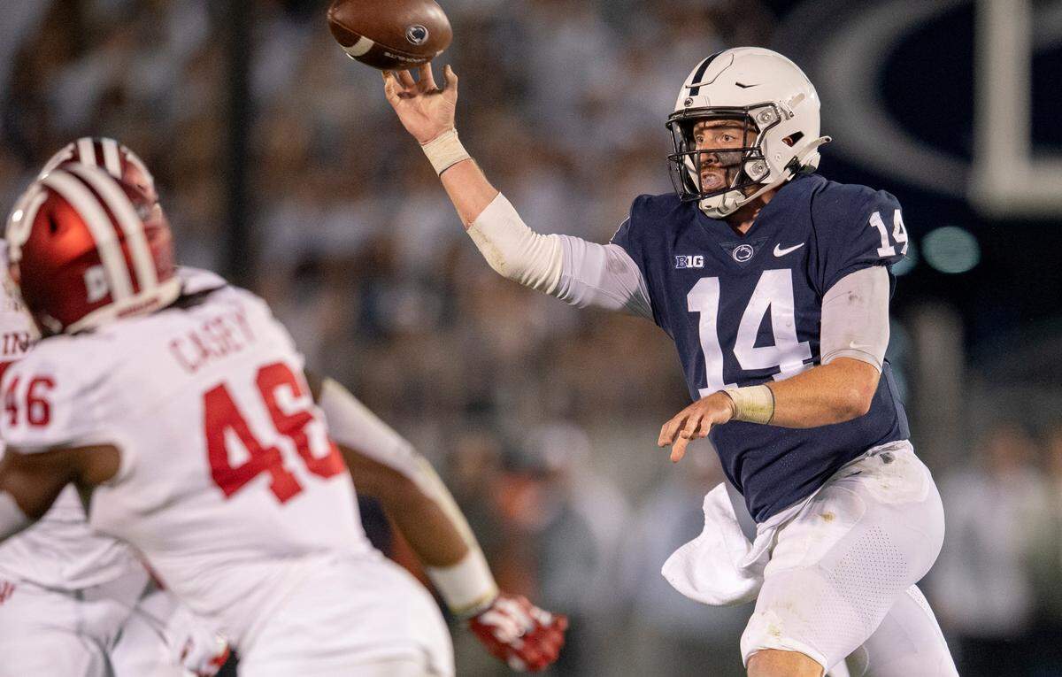 Penn State quarterback Sean Clifford makes a pass to Jahan Dotson for a touchdown.