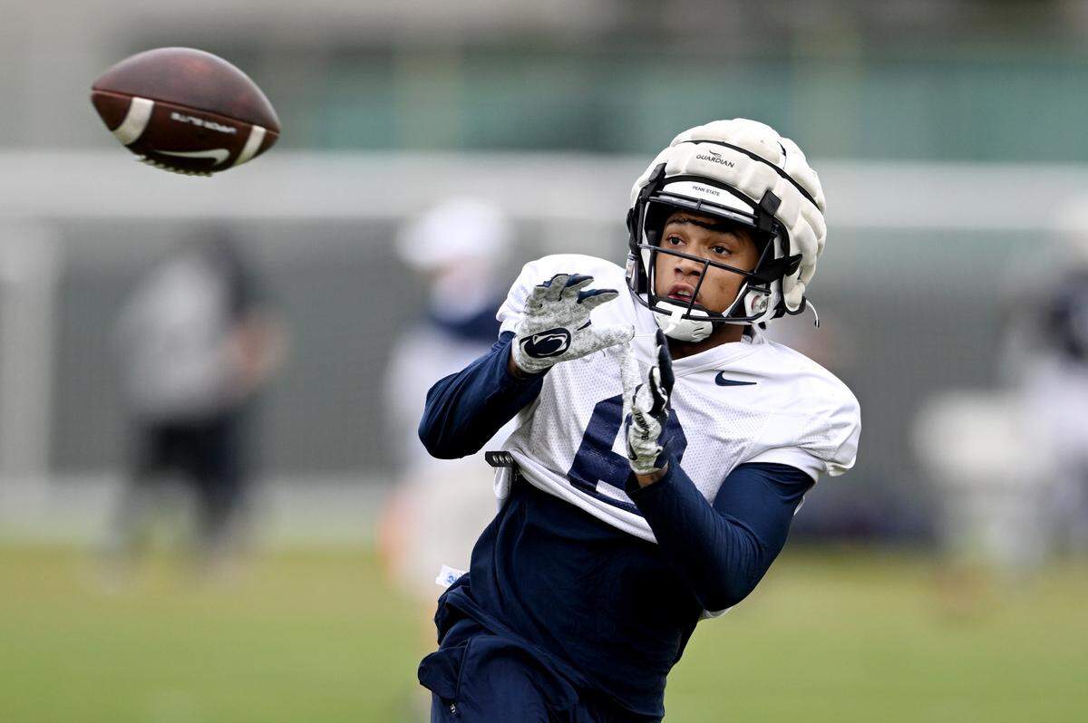 Penn State wide receiver Harrison Wallace III during practice for the Rose Bowl at Dignity Health Sports Park in Los Angeles on Thursday, Dec. 29, 2022.