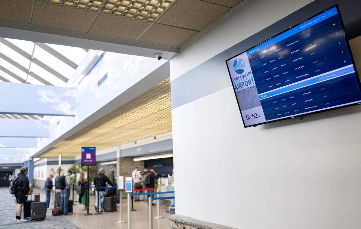 A list of departures and arrivals in the terminal at the State College Regional Airport on Friday, Feb. 27, 2026.