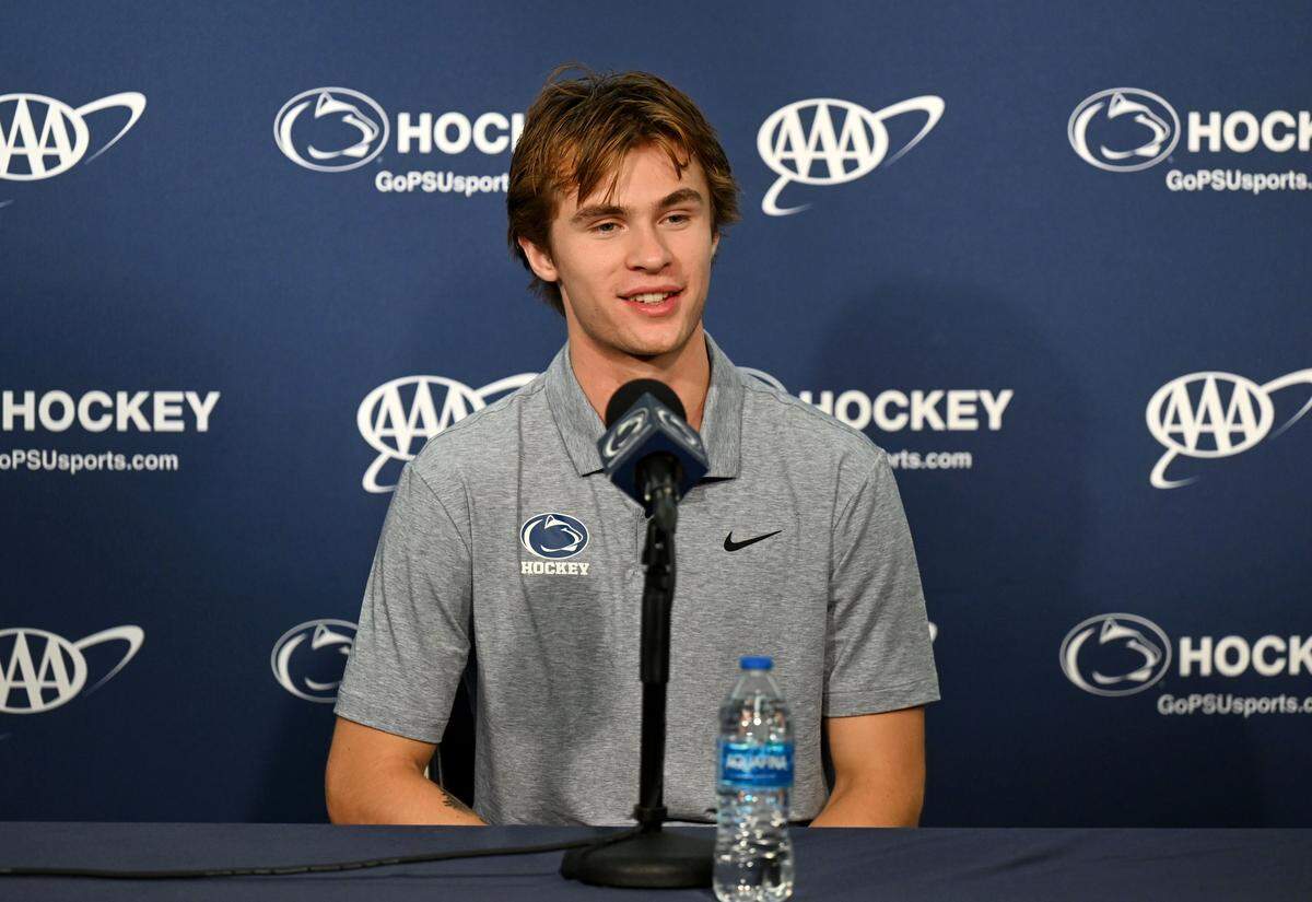 Penn State men’s hockey player Gavin McKenna answers questions during media day on Monday, Sept. 29, 2025.