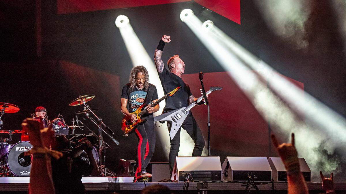 Kirk Hammett, left, and James Hetfield of Metallica perform on Day 2 of the Austin City Limits Music Festival’s second weekend on Oct. 13 in Austin, Texas.