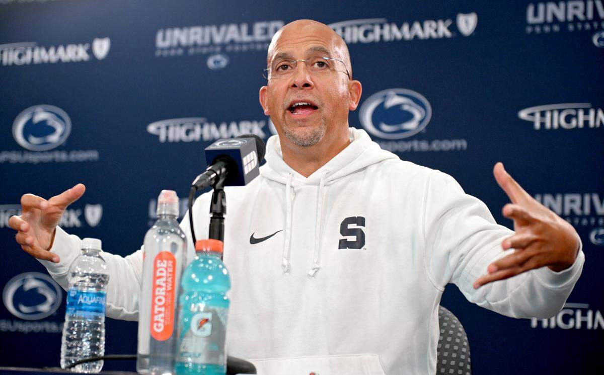 Penn State football coach James Franklin talks about defensive coordinator Tom Allen coaching from the box for the Kent State game during a press conference on Monday, Sept. 23, 2024.