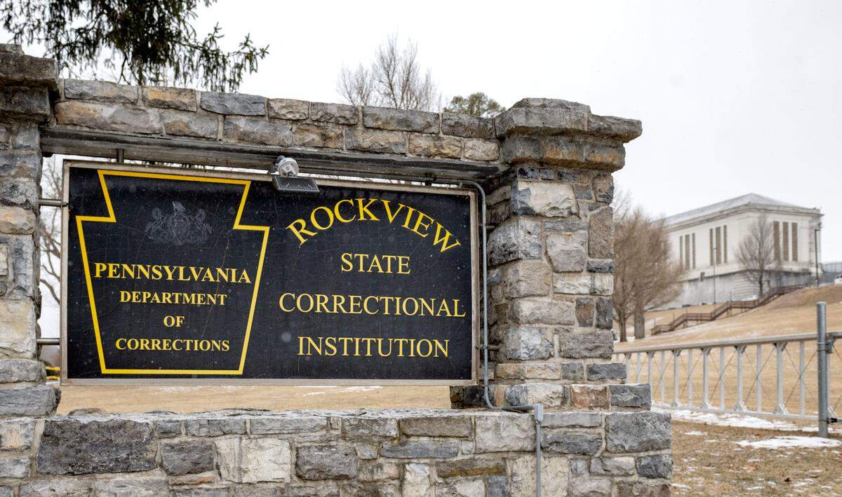 The sign for Rockview state prison on Thursday, Feb. 20, 2025.