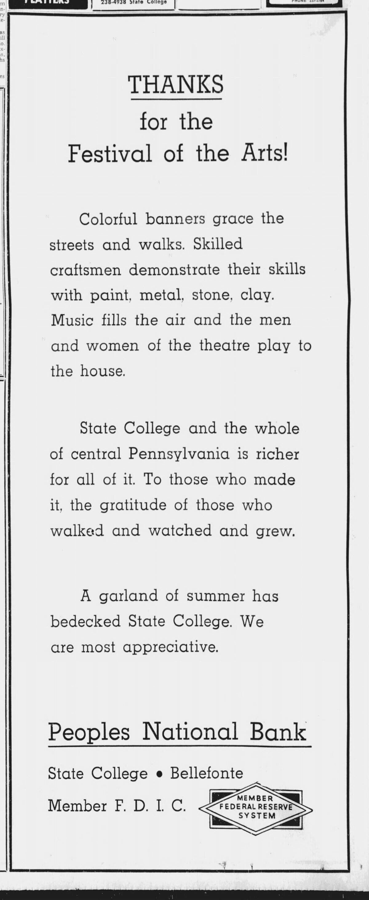A typical ad, shortly after the conclusion of the first-ever Central Pennsylvania Festival of the Arts in July 1967, expresses gratitude over the success of the festival.