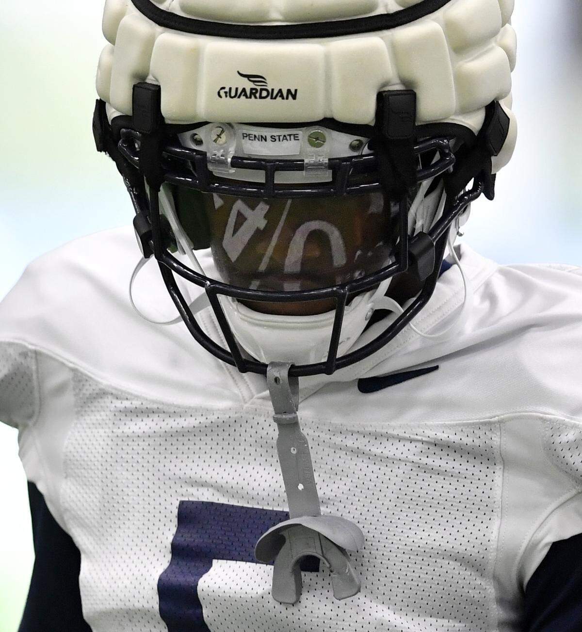 The 40 yard line is reflected in Penn State wide receiver Jahan DotsonÕs helmet during practice on Wednesday, Sept. 1, 2021 in Holuba Hall.