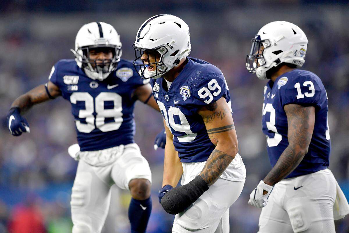 Penn State defensive end Yetur Gross-Matos celebrates a play during the Cotton Bowl against Memphis at AT&T Stadium in Arlington, TX on Saturday, Dec. 28, 2019.  