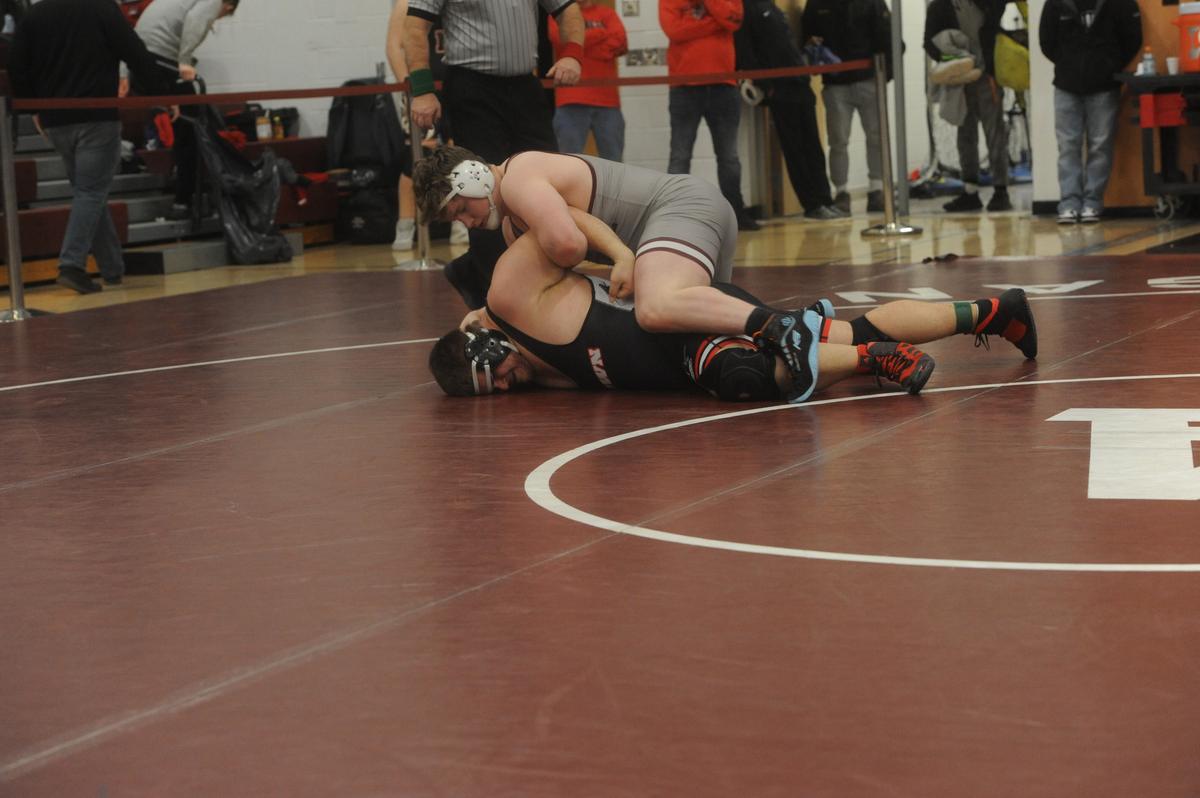 State College’s Nick Pavlechko controls Williamsport’s Brycen Delker in their 285-pound quarterfinals match of the PIAA Class 3A Northwest Regional Championships on Friday, Feb. 24, 2023 in Altoona. Pavlechko pinned Delker in 1:29.