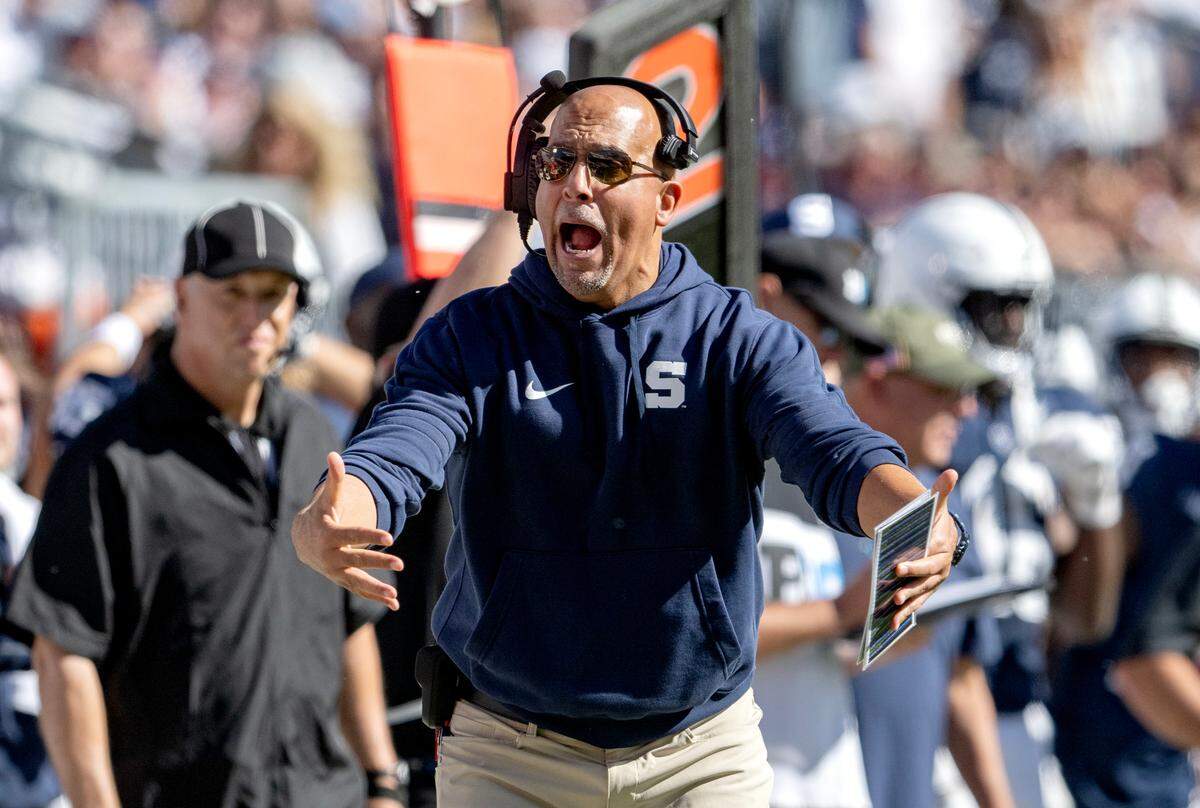 Penn State football coach James Franklin yells to the refs during the game against UCLA on Saturday, Oct. 5, 2024 at Beaver Stadium.