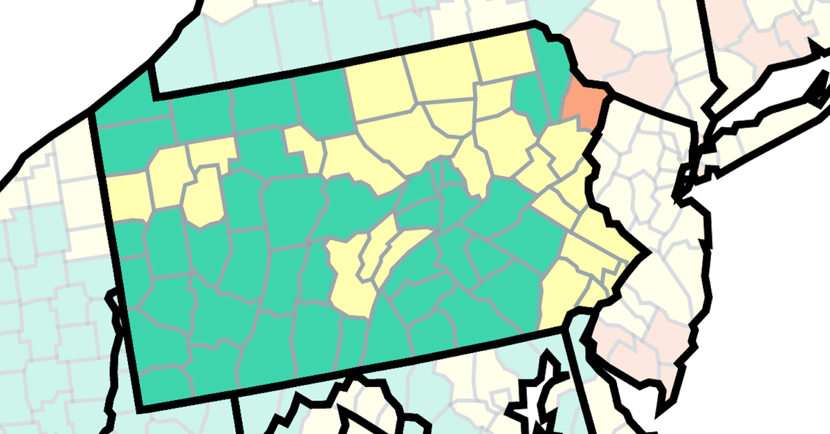 This map of Pennsylvania from the U.S. Centers for Disease Control and Prevention shows COVID-19 community levels by county as of Jan. 27, 2023. The orange indicates high, the yellow indicates medium and the green indicates low.