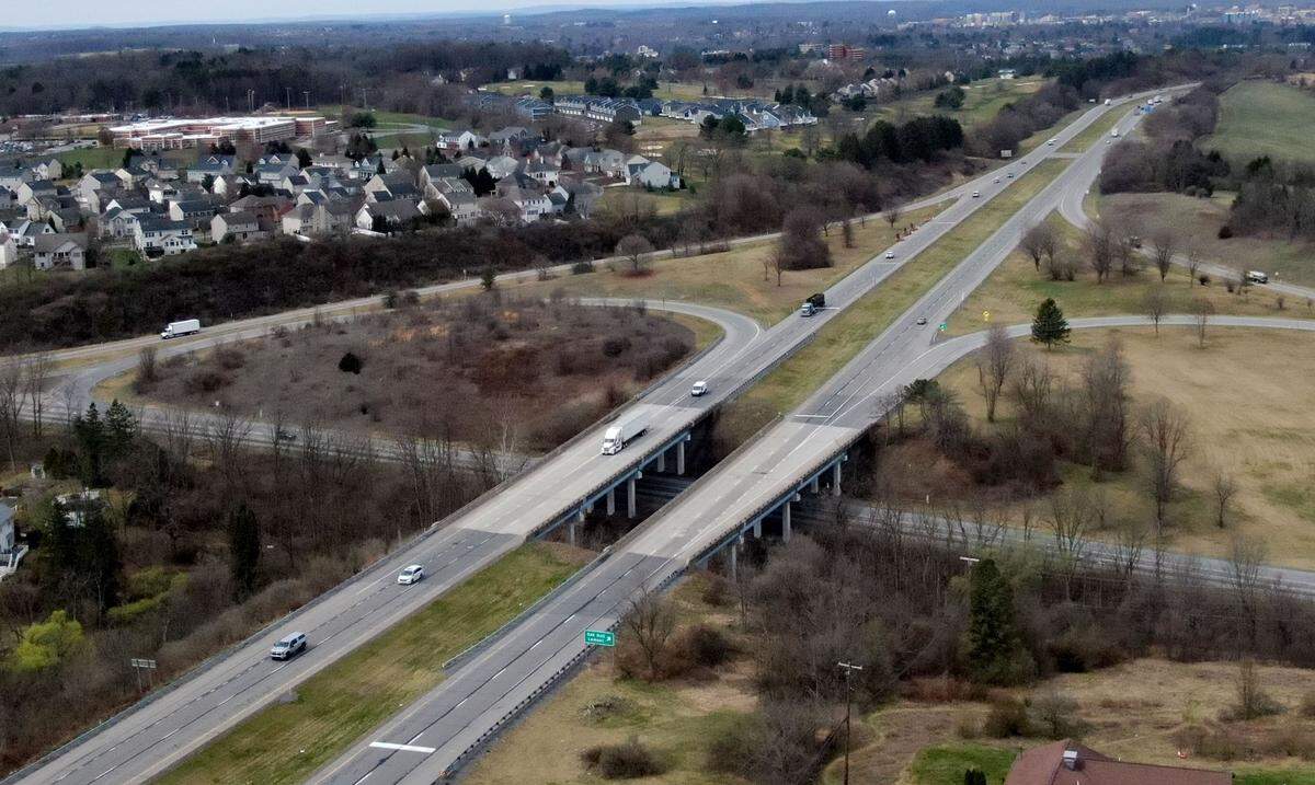 A view of U.S. Route 322 and two bridges over Warner Boulevard and Spring Creek on Wednesday, April 2, 2025. PennDOT will start work on bridges.