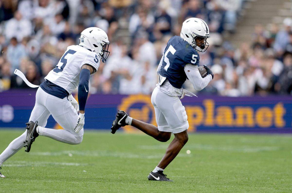 Penn State wide receiver Devonte Ross runs with the ball during the Blue-White game on Saturday, April 26, 2025.