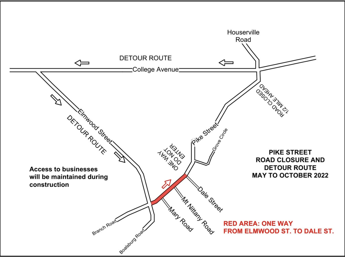 A one-way traffic pattern on Pike Street in Lemont, College Township, will be in effect during construction beginning May 18. The one-way traffic will be maintained in a general northeast direction toward East College Avenue between Elmwood and Dale streets.