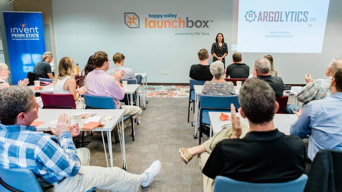 Tammy Serensits, founder and CEO of Argolytics, presents her software product in front of participants in the Summer Founders Program at Happy Valley LaunchBox.