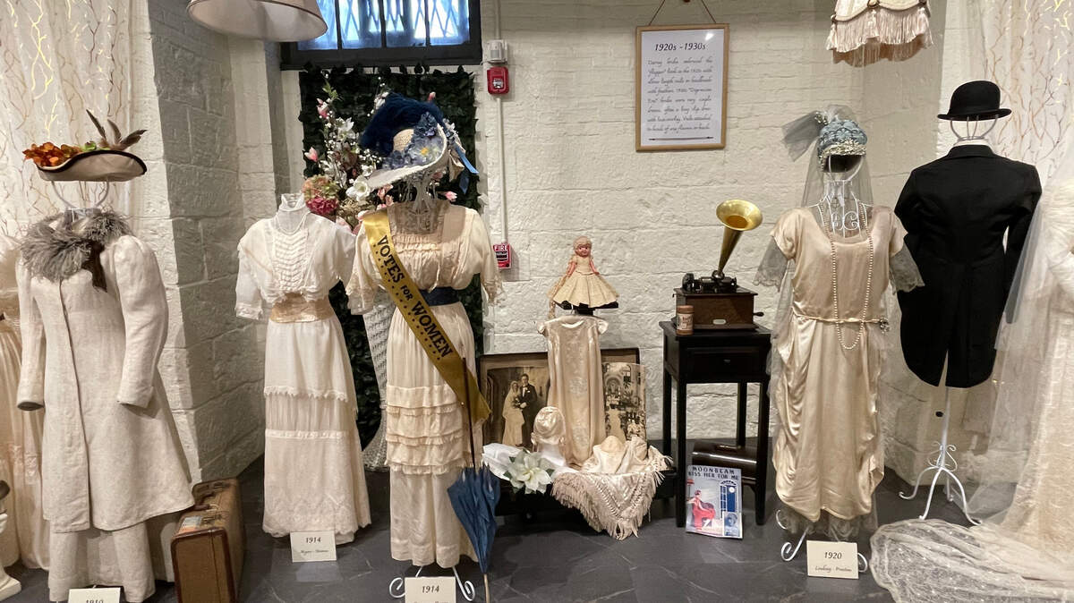Wedding attire from 1910 to 1920 is displayed in the basement of Baker Mansion for a special exhibit which opens May 27 and runs through December.