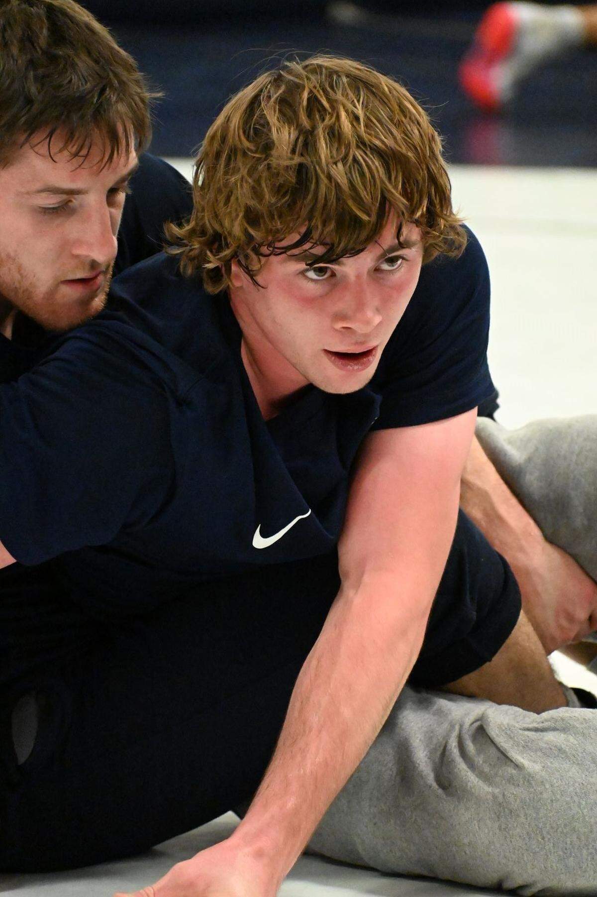 State College graduate Hayden Cunningham wrestles with Penn State assistant coach Nick Lee during a recent practice.