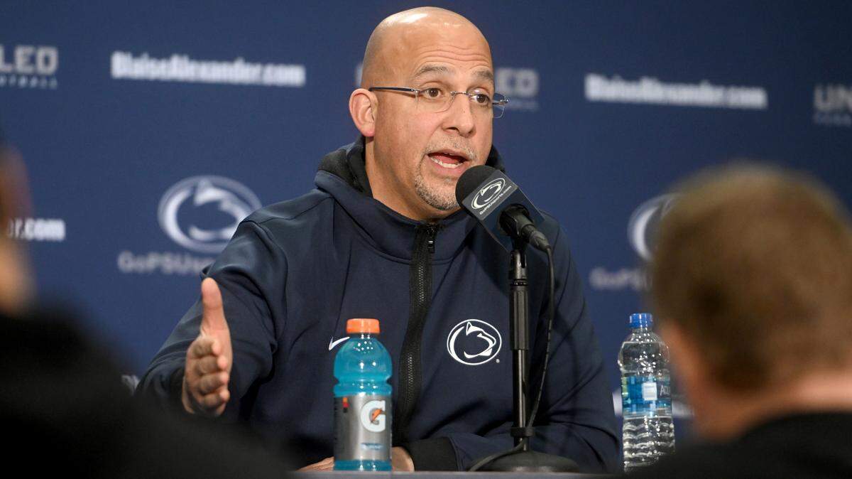 Penn State football coach James Franklin answers a questions during media availability on Tuesday, Feb. 7, 2023.