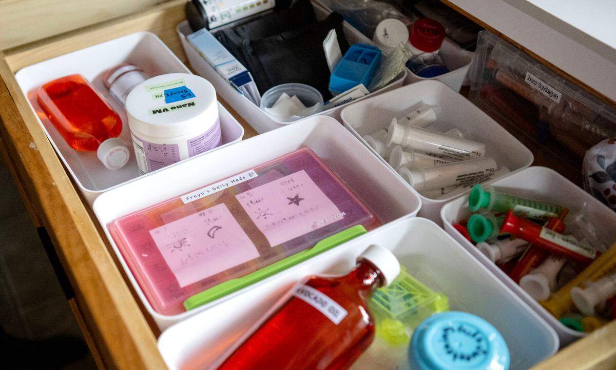 A drawer filled with medications for Freya Barragan to help her with Dravet syndrome. She also follows a strict keto diet.