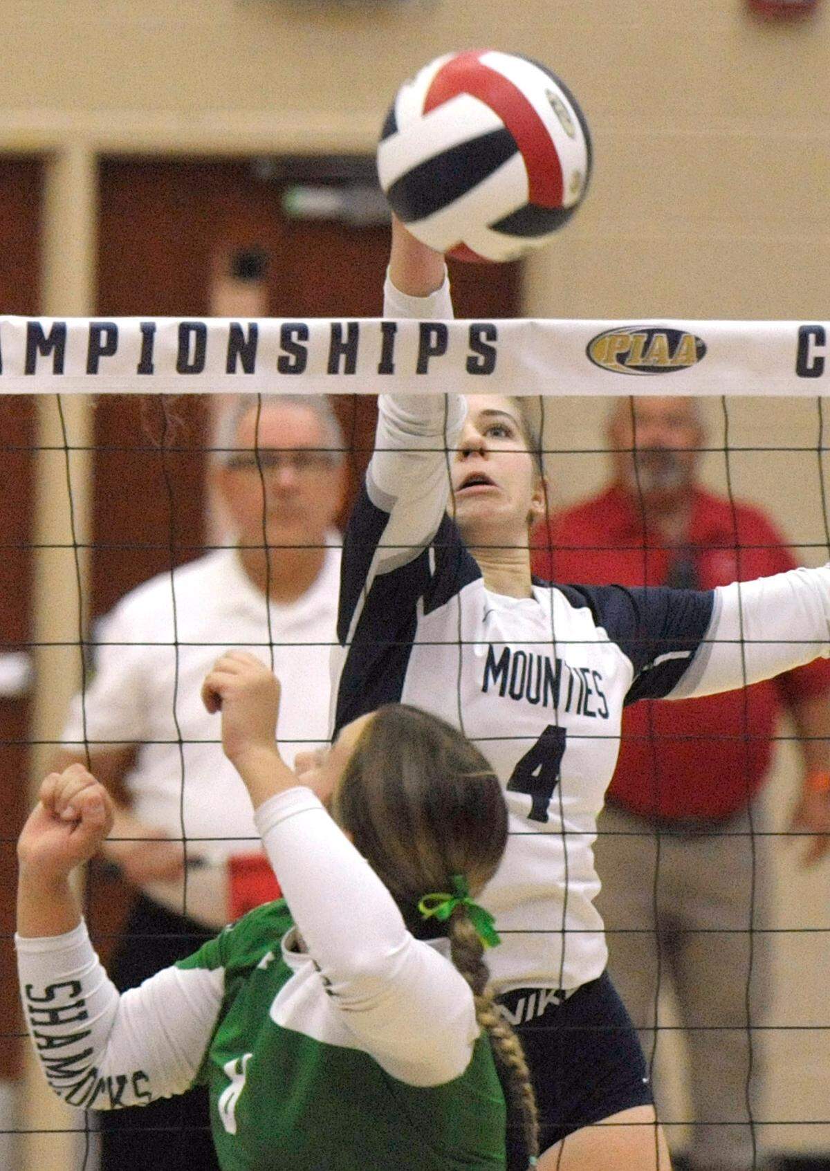 Philipsburg-Osceola’s Sophie Granville spikes a ball against Trinity on Saturday. The Philipsburg-Osceola girls volleyball team won the PIAA Class 2A state championship Saturday at Cumberland Valley in Mechanicsburg. P-O defeated Trinity 3-1.