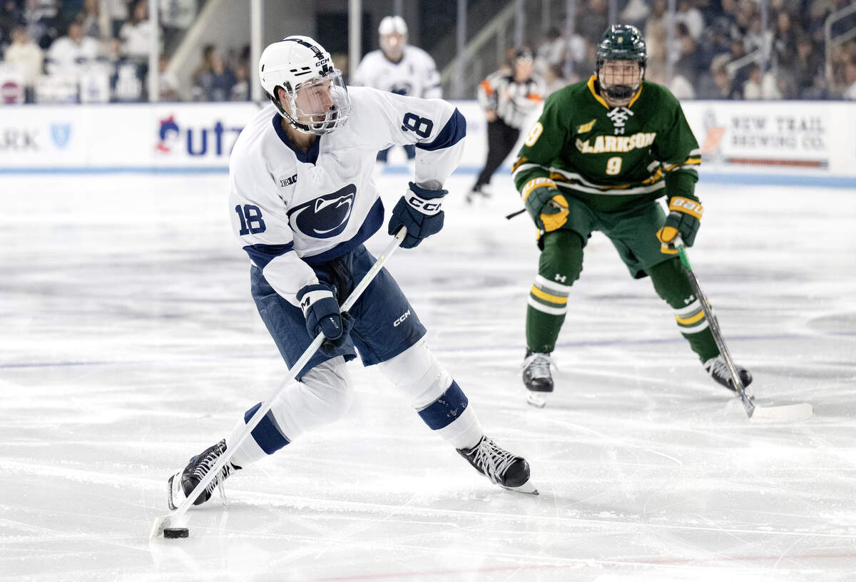 Penn State's Aiden Fink look to take a shot during the game against Clarkson on Thursday, Oct. 9, 2025.  Clarkson won, 6-4.