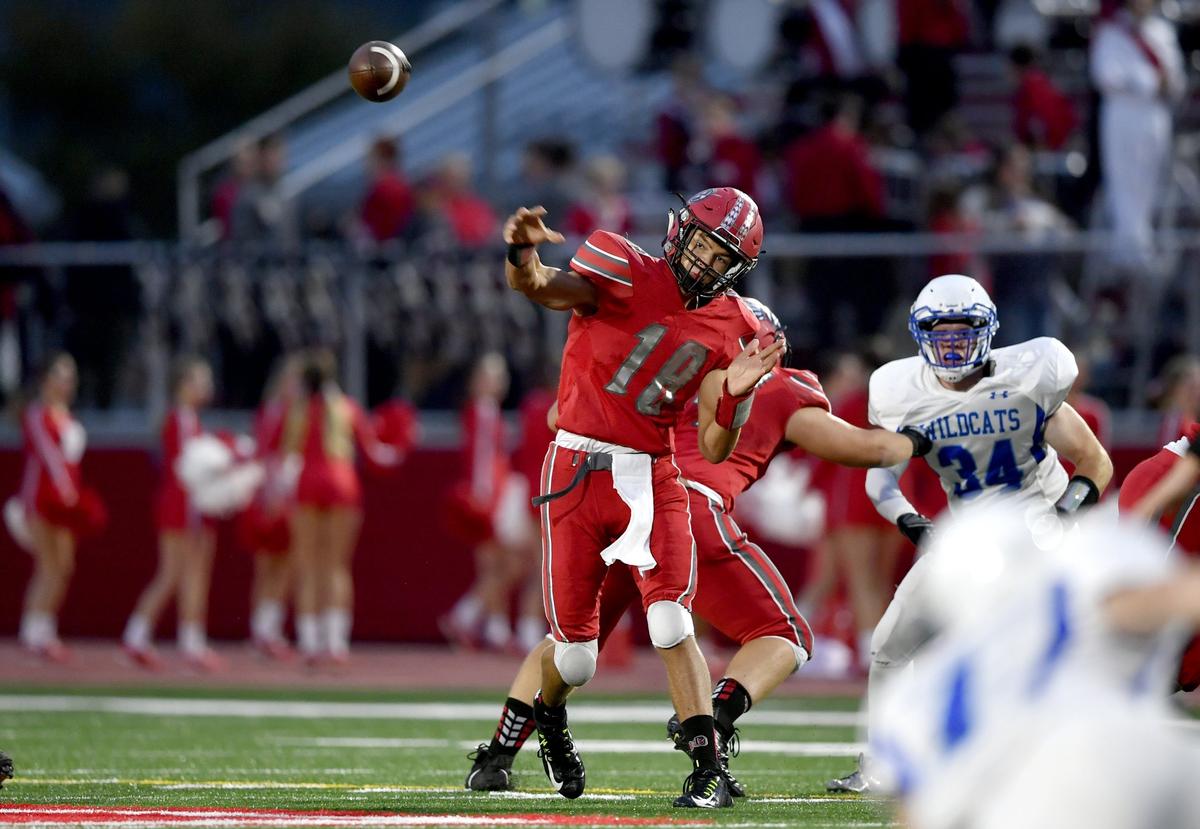 Bellefonte’s Ethan Rossman makes a pass that leads to a touchdown during the first quarter of the game against Central Mountain on Friday, Sept. 13, 2019.