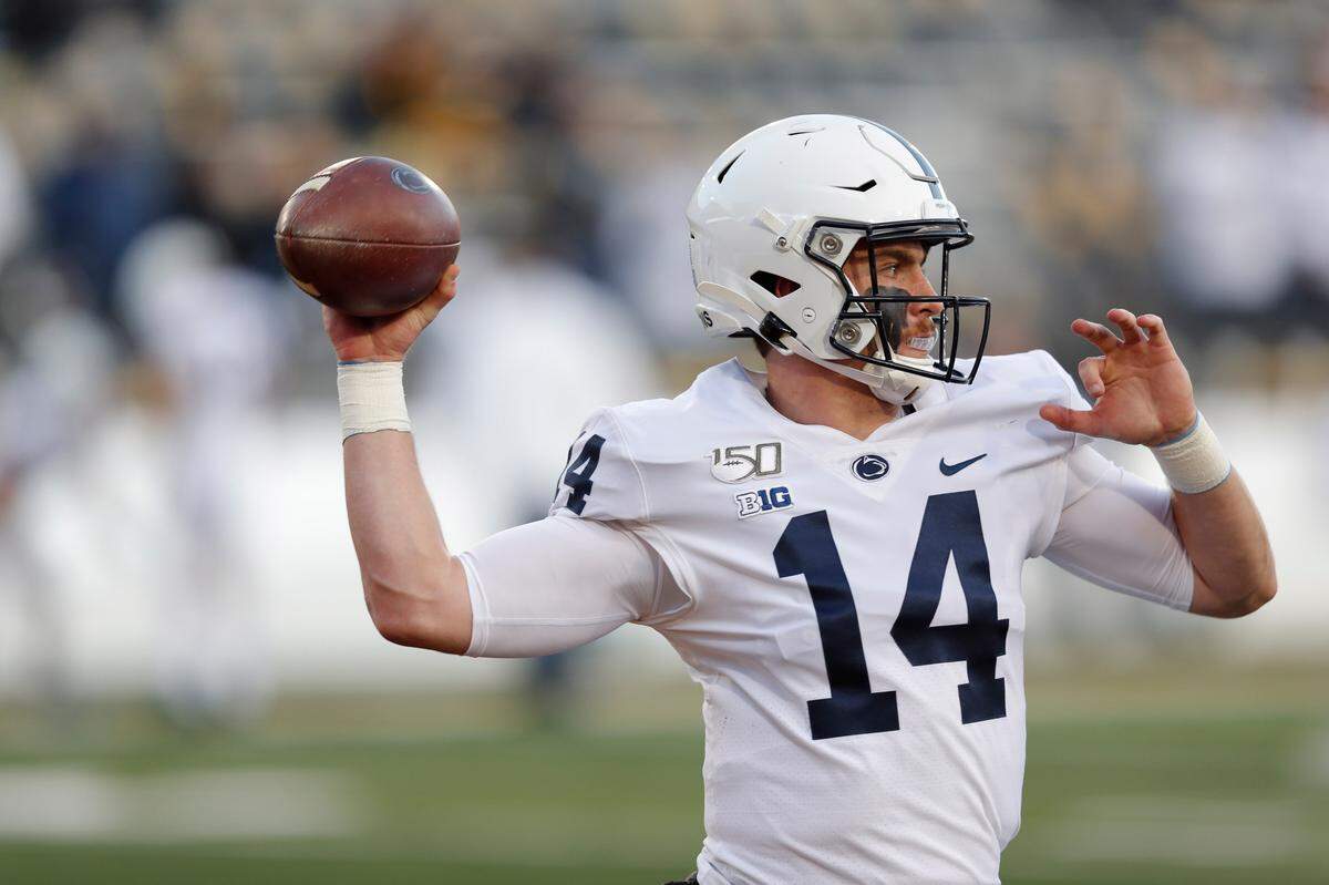 Penn State quarterback Sean Clifford warms up for the team’s NCAA college football game against Iowa, Saturday, Oct. 12, 2019, in Iowa City, Iowa. (AP Photo/Matthew Putney)