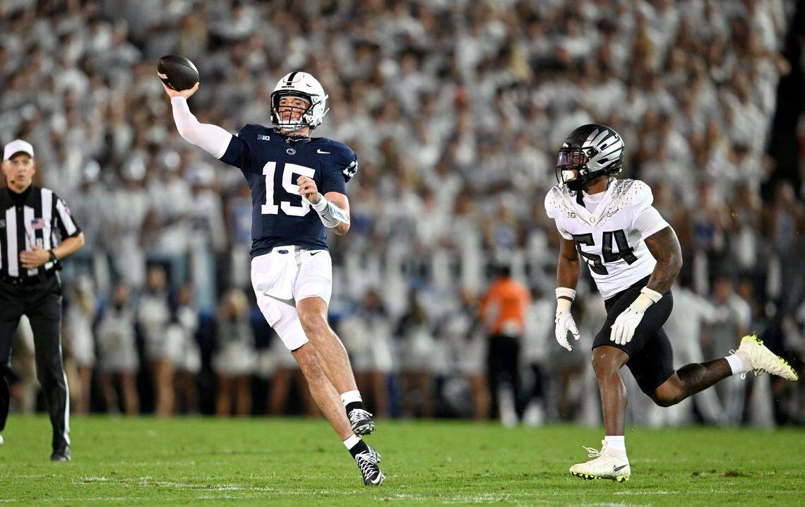 Penn State quarterback Drew Allar is pressured and throws an incomplete pass during the game on Saturday, Sept. 27, 2025.
