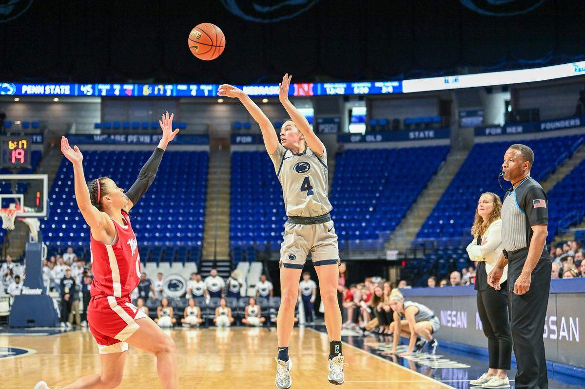 Penn State’s Shay Ciezki with a 3 point shot against Nebraska on Jan. 21.