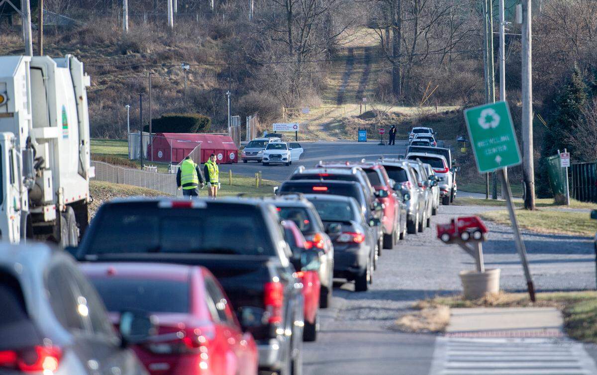 Cars line up Tuesday at the free Centre county coronavirus testing site at the Centre County Recycling & Refuse Authority on Transfer Road.