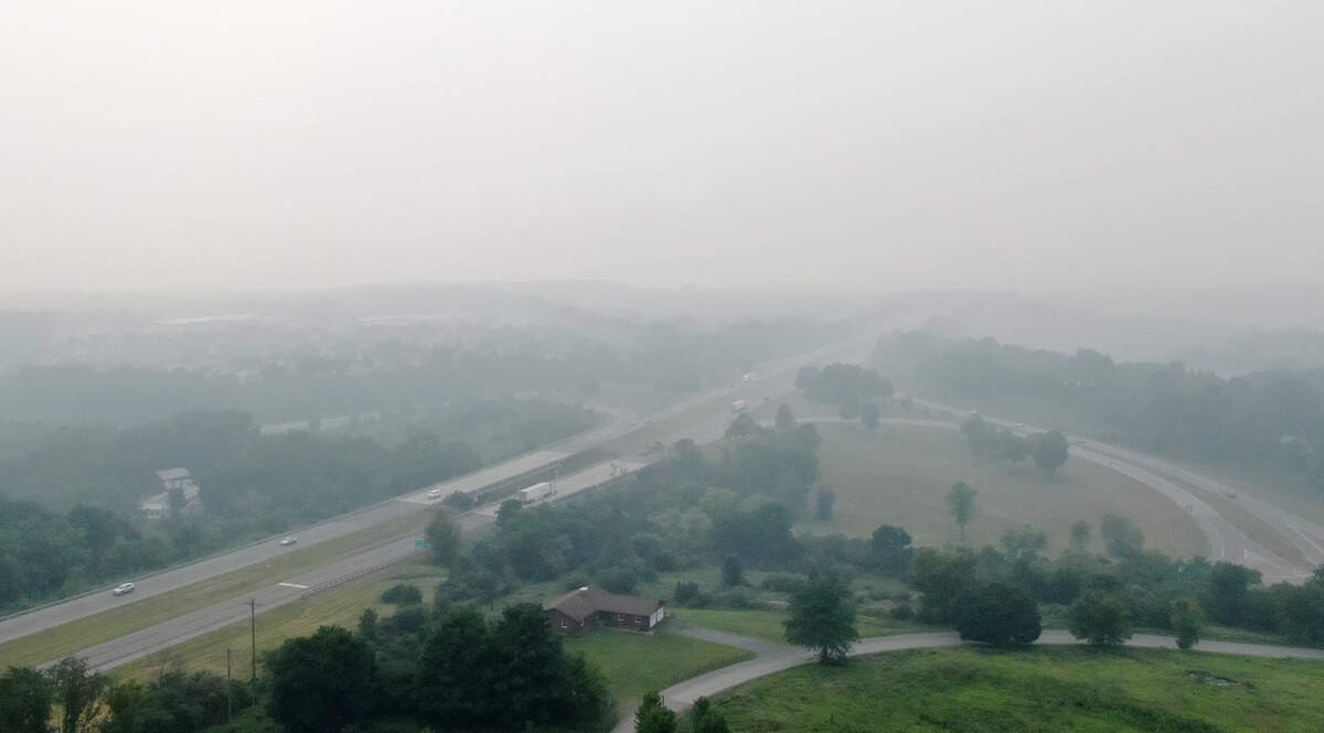 An aerial images from above Oak Hall Regional Park toward State College shows reduced visibility on Thursday, July 16, 2026. Wildfire smoke from Canada and Minnesota caused unhealthy air levels in Centre County on Thursday, July 16, 2026.