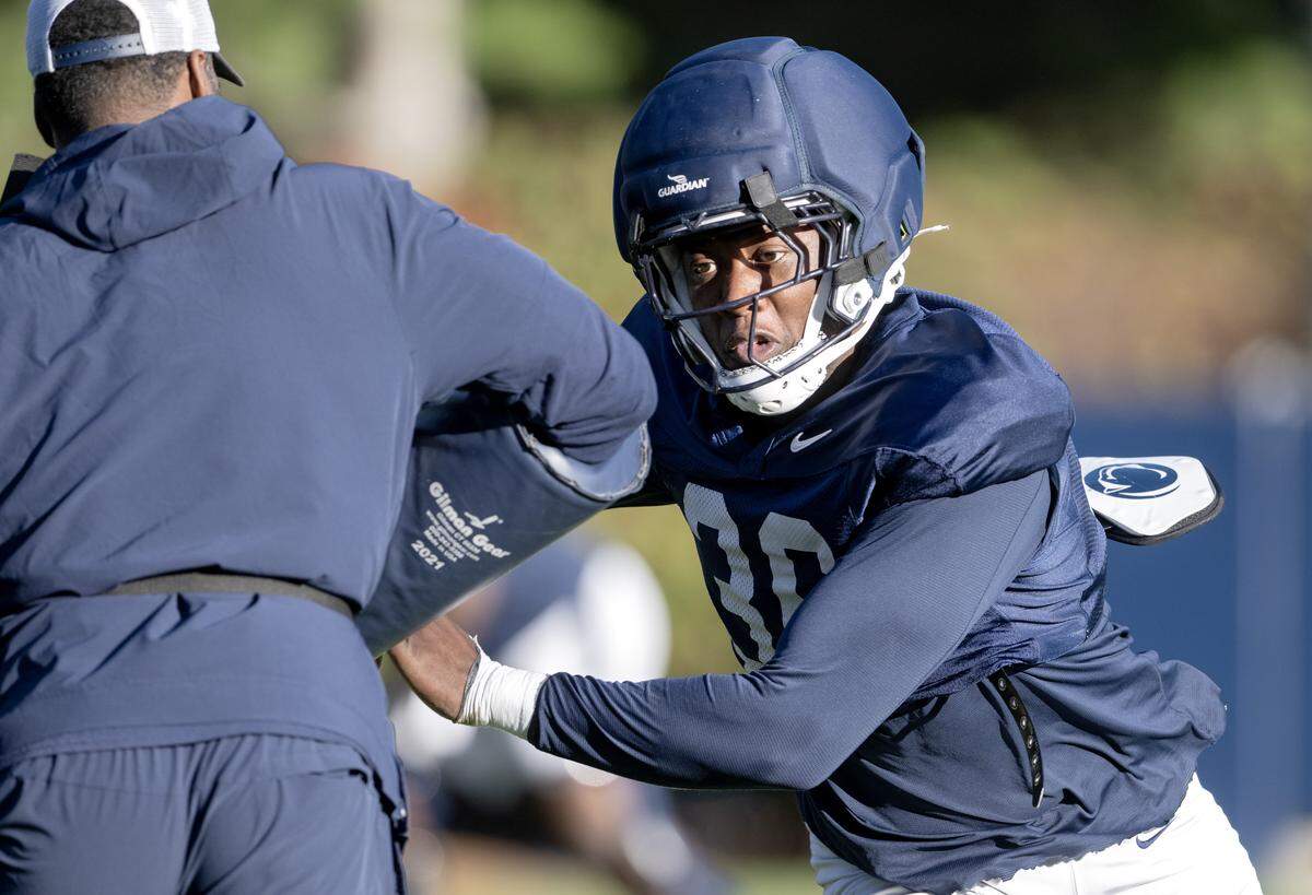 Penn State linebacker Zuriah Fisher runs a drill during practice on Wednesday, Oct. 8, 2025.  