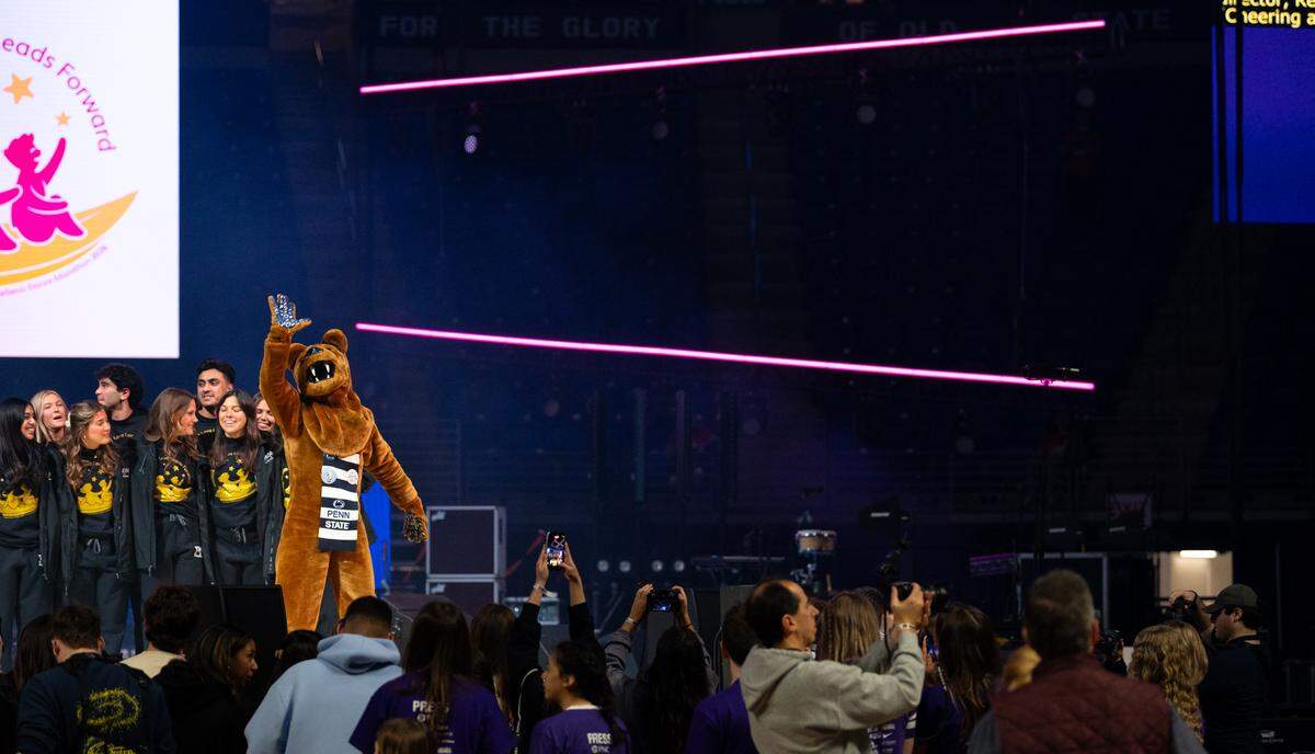 The Nittany Lion is seen on stage during the introductions of the Thon captains on Friday, Feb. 20, 2026 in the Bryce Jordan Center.