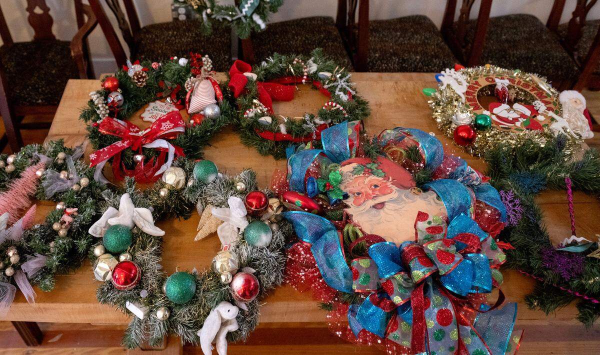Wreaths decorated by local students that will be on display at the Philipsburg Revitalization Corporation office during Philipsburg’s Mid-Century Christmas.