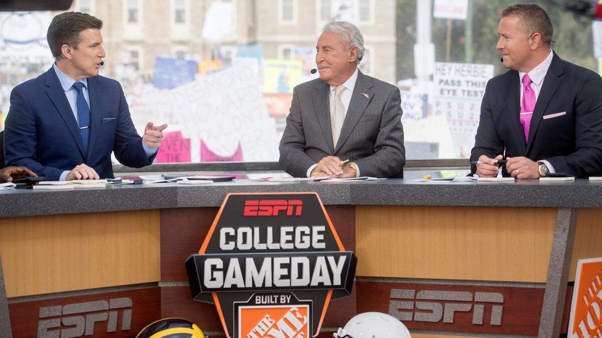 College Game’s Rece Davis, Lee Corso and Kirk Herbsteit talk during the broadcast outside of Old Main on Saturday, October 21, 2017.
