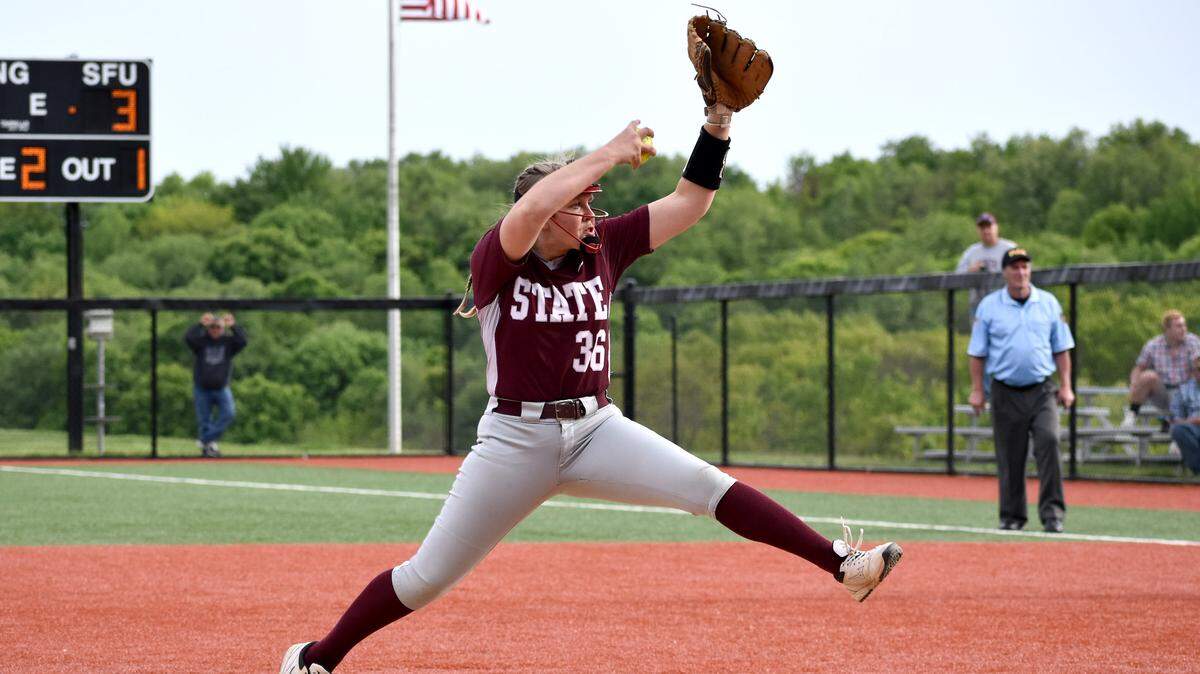 State College’s Emma Wolfe pitches against Mifflin County on Wednesday. Wolfe and the Lady Little Lions came up short in the District 6 Class 6A championship, losing 6-5 in eight innings.