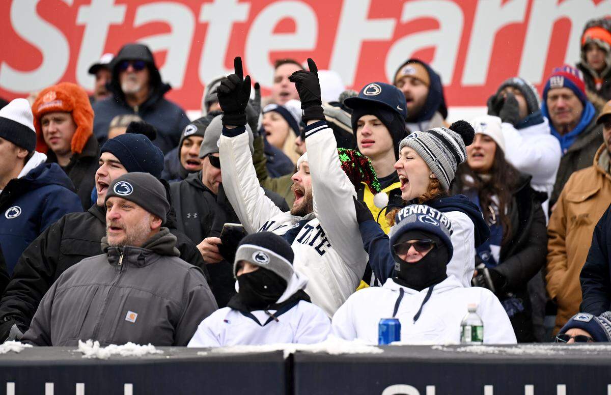 Penn State fans cheer during the Pinstripe Bowl at Yankee Stadium on Saturday, Dec. 27, 2025.  